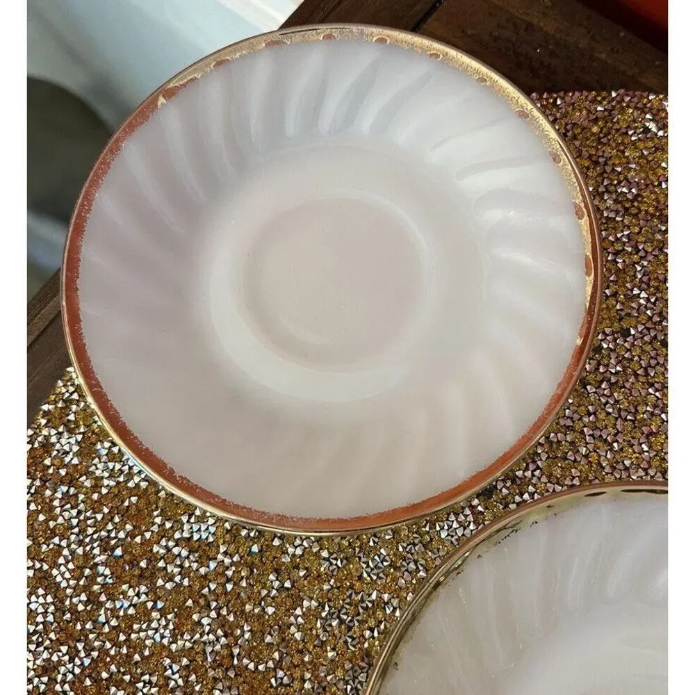 Vintage Fire King Oven Ware White Swirl Milk Glass‎ Gold Rim 2 Cup & 5 Saucers